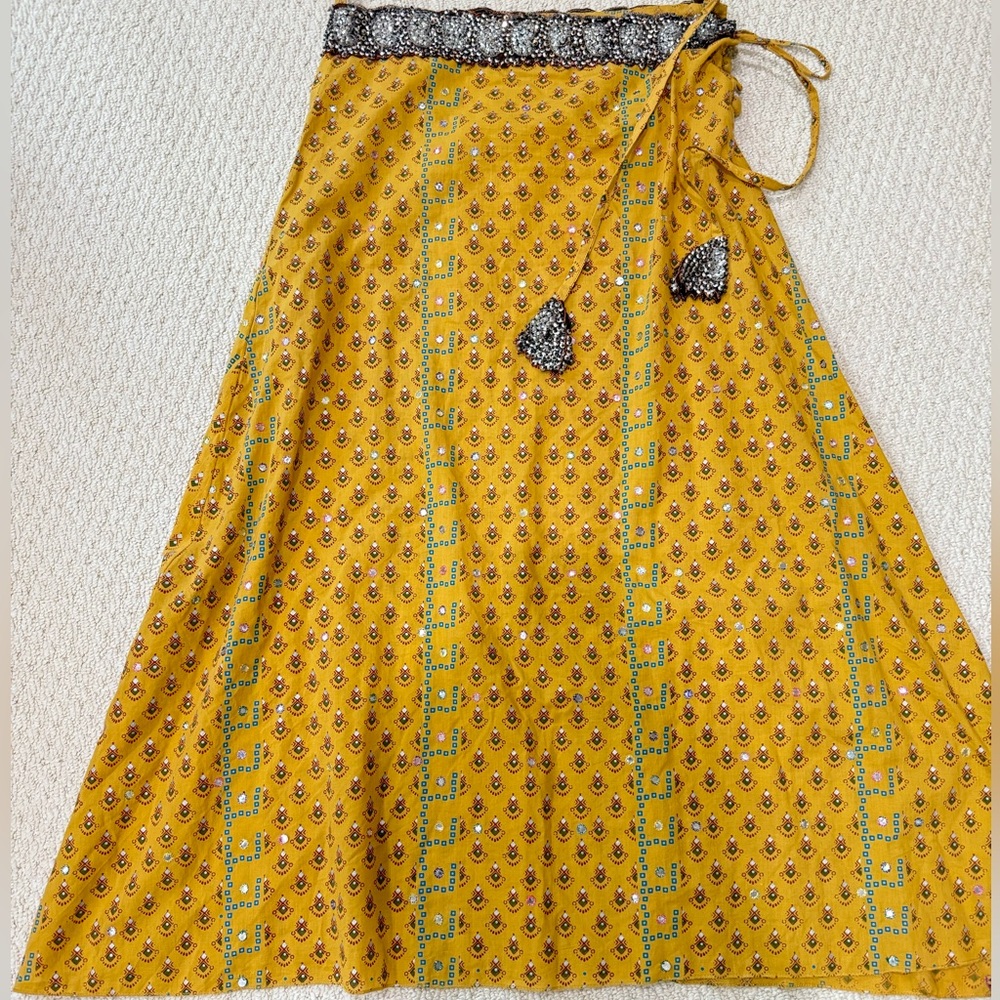 Yellow Patterned Long Bohemian Skirt Sequins